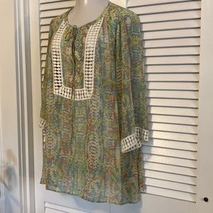 Daniel Rainn sheer pastel geometric print wide sleeve long tunic top crochet 2X